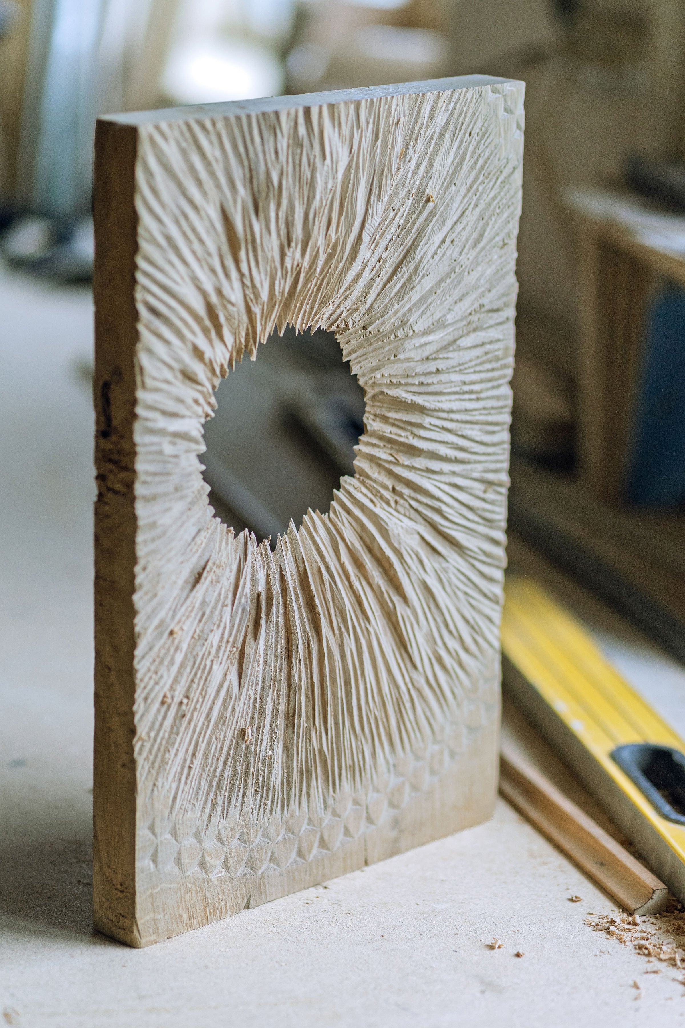 Wall Panel “Breath of Wind” – Carved Oak with Mirror Inlays