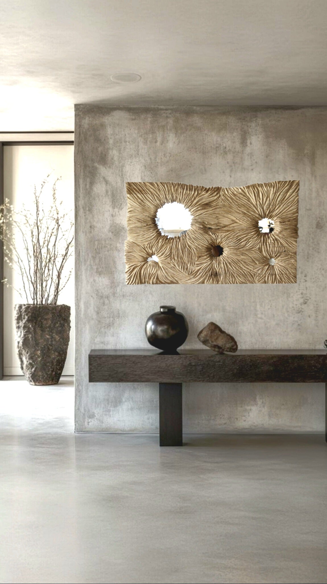 Wall Panel “Breath of Wind” – Carved Oak with Mirror Inlays